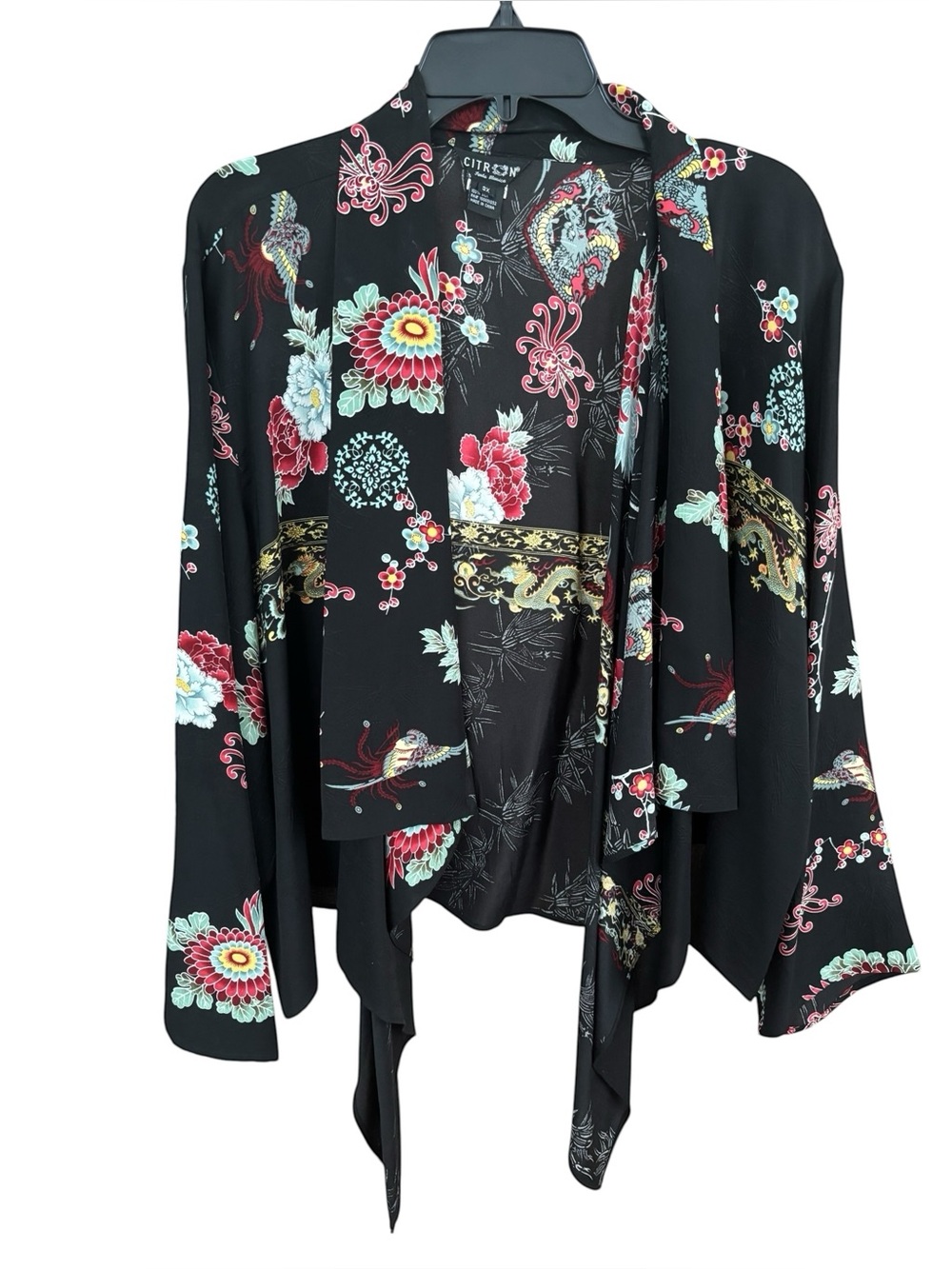 Citron Black Floral & Oriental Print Draped Shawl Collar Kimono